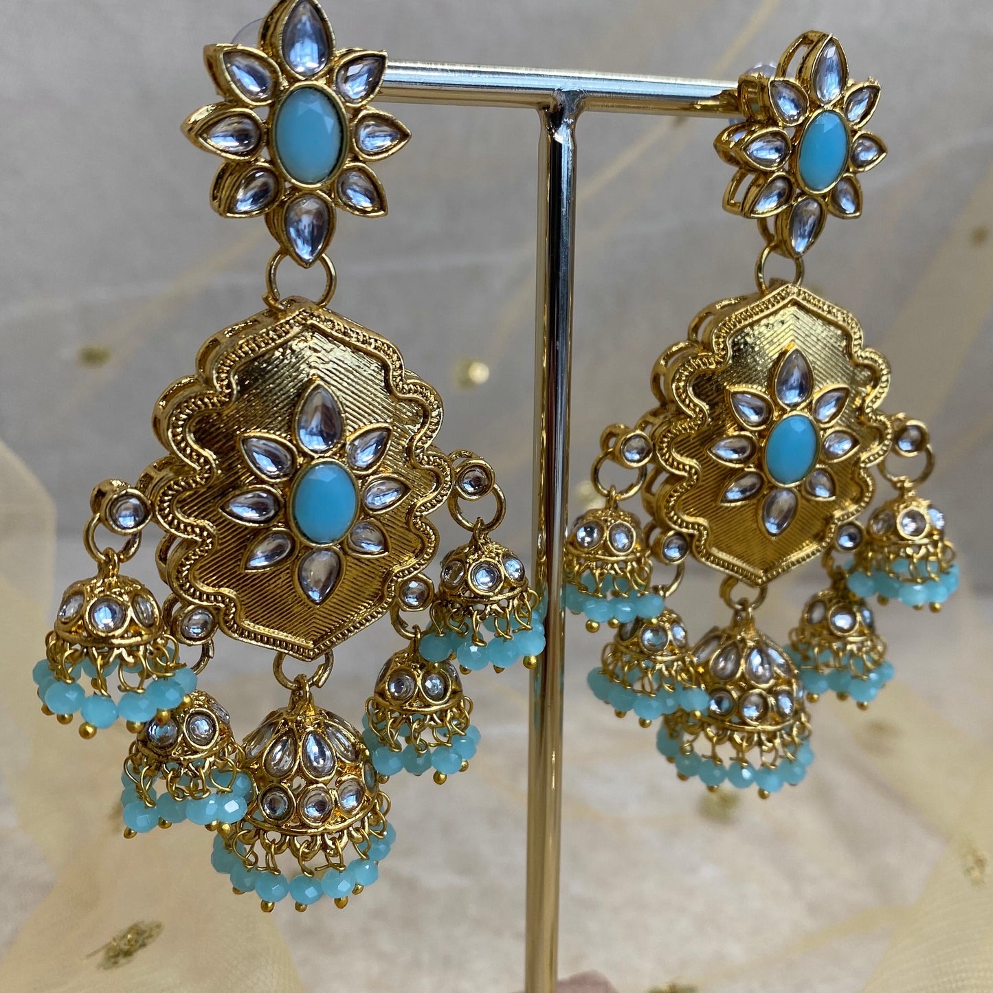 Large Gold Jhumka detail Earring - Blue/ Fashion Jewellery/ Gift for Women/Indian/Pakistani style