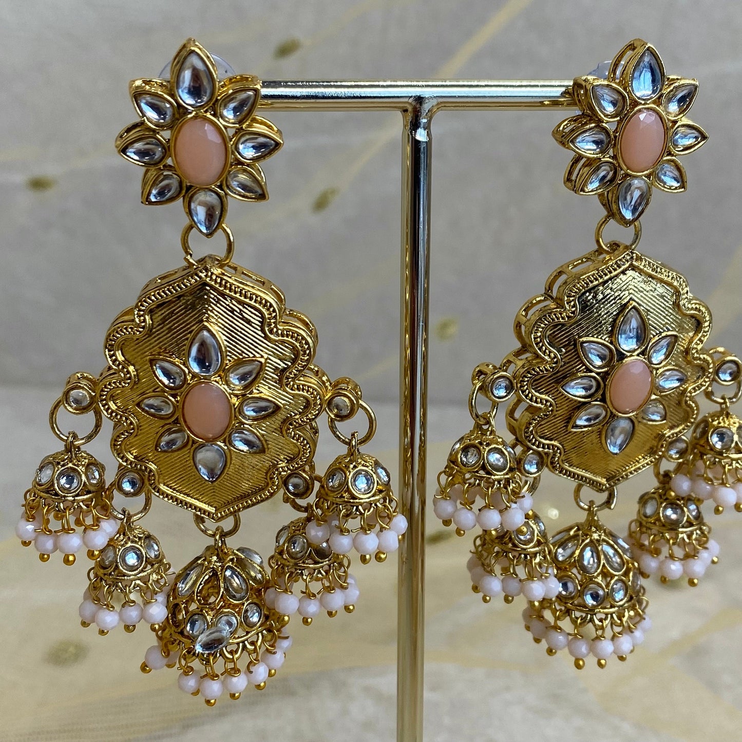 Large Gold Jhumka detail Earring - Peach/ Fashion Jewellery/ Gift for Women/Indian/Pakistani style
