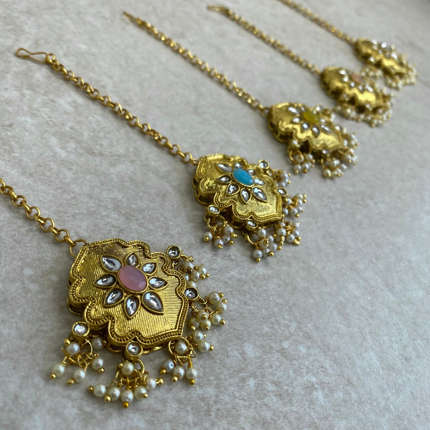 Medium Bright Gold Tikka - Pink/ Tikli/ Indian/ Pakistani Fashion Jewellery/Maang Tikkas