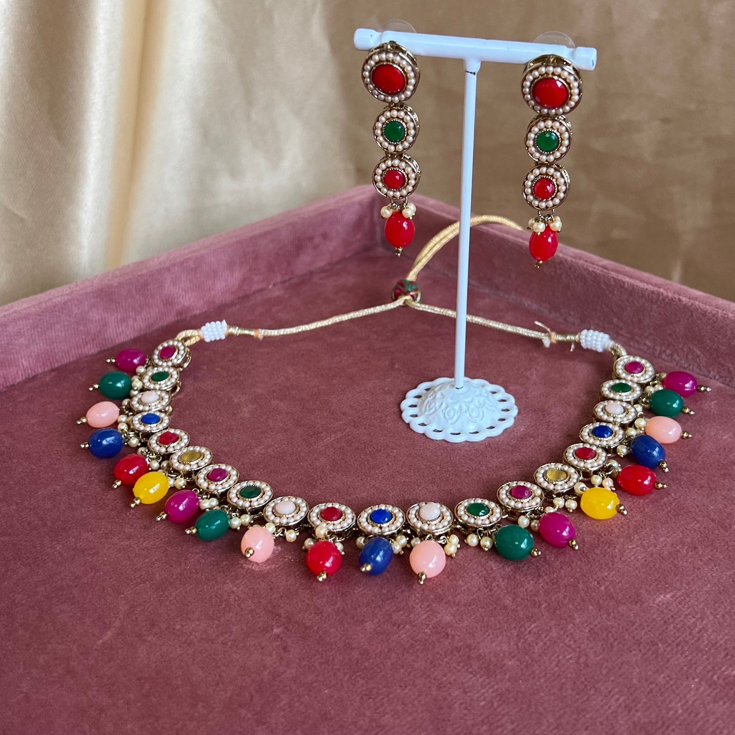 Multi colour Necklace Set (Red/Green Earring)  Indian/ Pakistani/Fashion Jewellery/ Gift for Women/Mendhi/Party