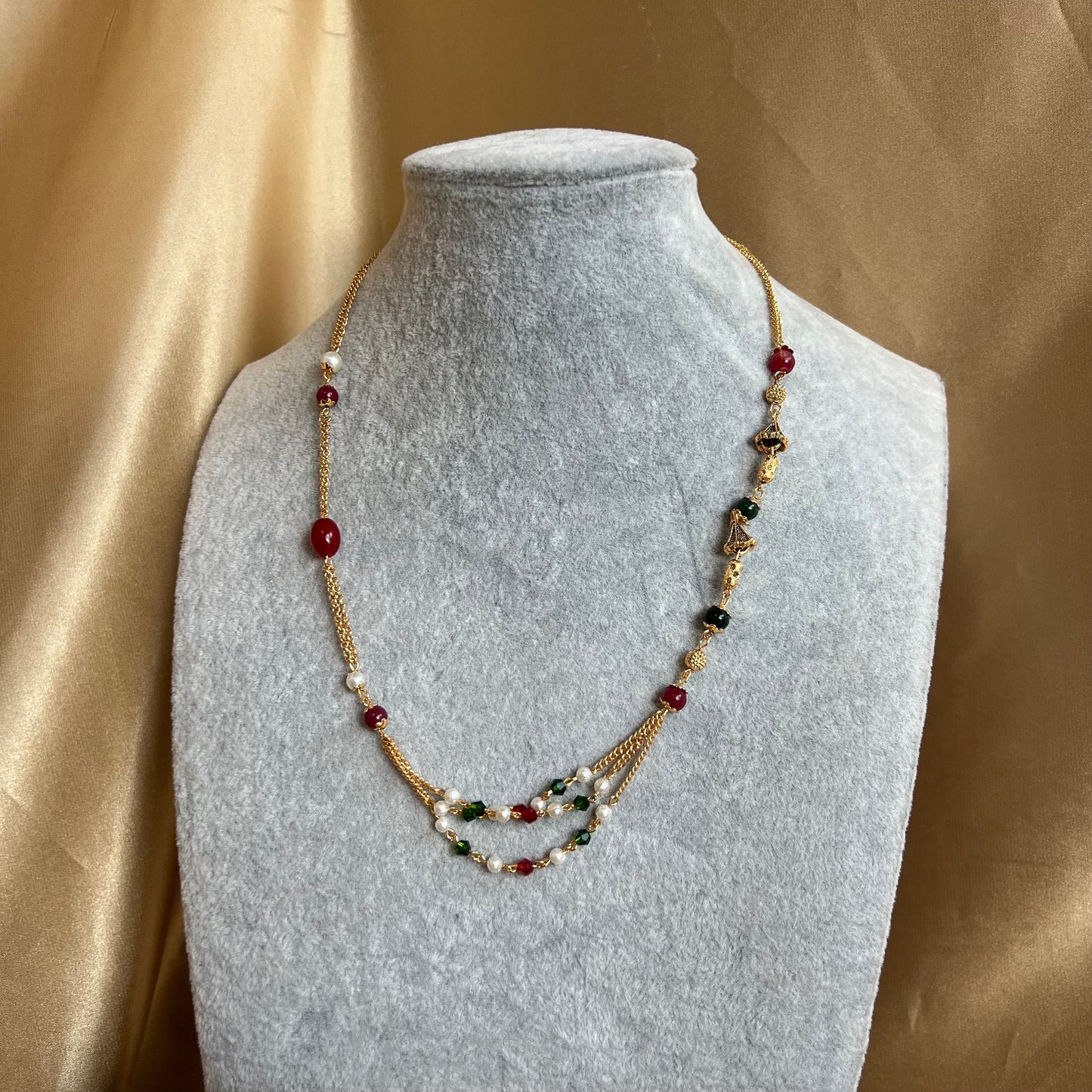 Maroon and Green Gold Thin Long Necklace Chain/ Mala/ Haar/ Unique Style/ Indian/ Pakistani/Fashion Jewellery/ Gift for Women