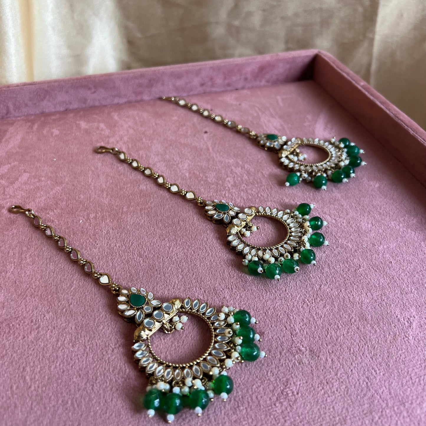 Green Mirrored Tikka (Medium)/ Tikli/ Indian/ Pakistani Fashion Jewellery/Maang Tikkas