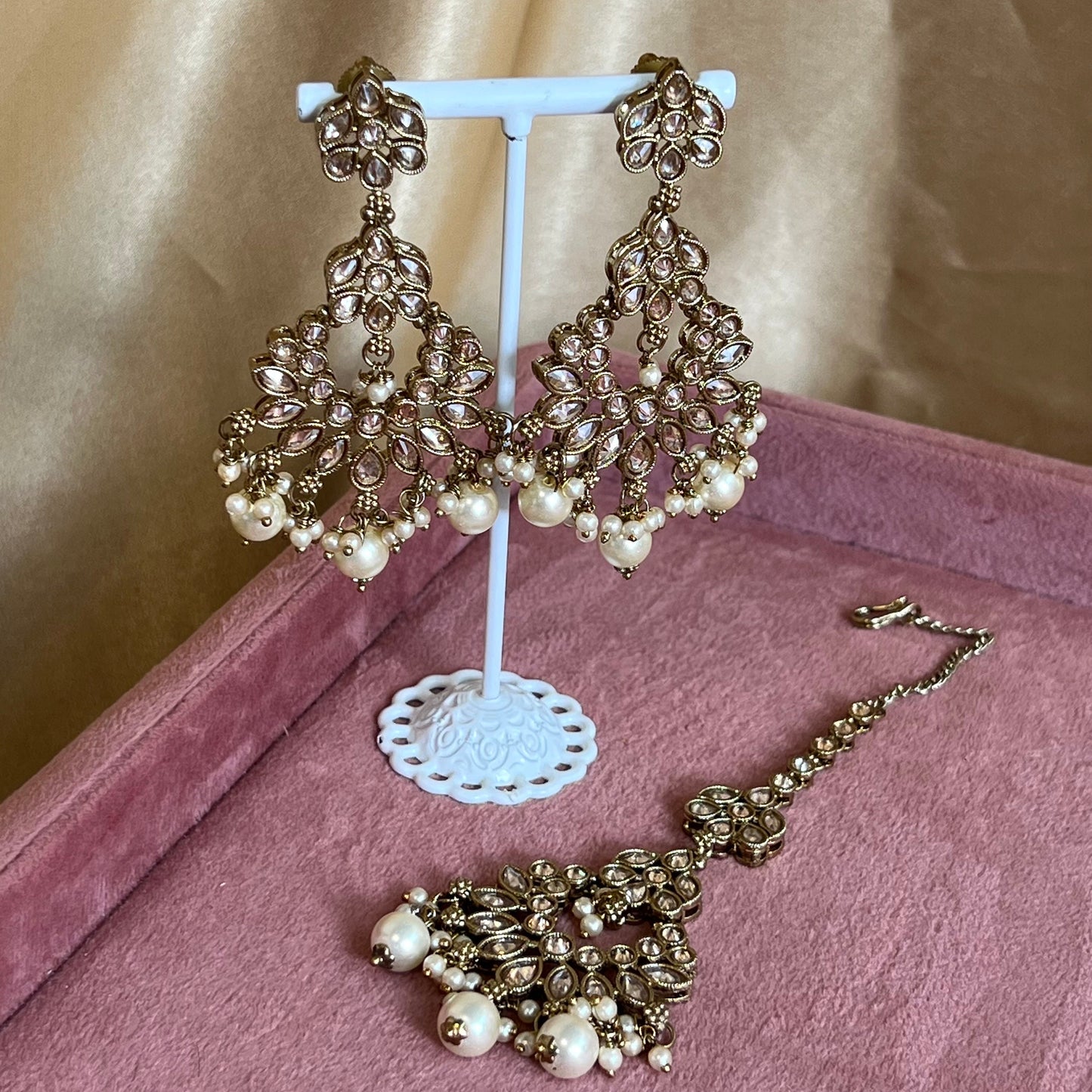 Champagne Earring and Tikka set/Flat Earring Indian/ Pakistani Style/ Tikli