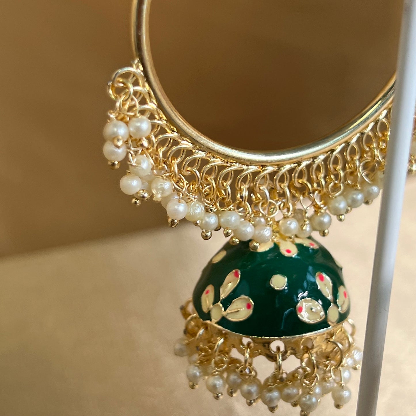 Meenakari/ Indian/ Pakistani Style/Green- Hand Painted Jhumka Hoop Earrings