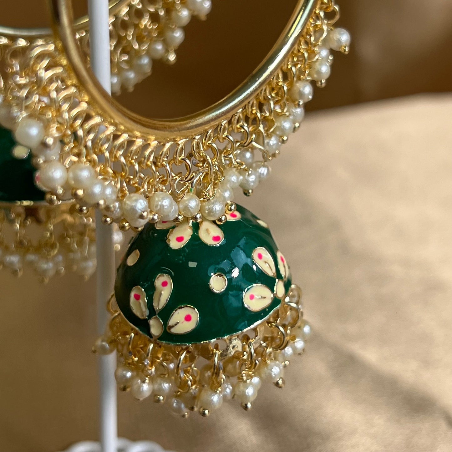 Meenakari/ Indian/ Pakistani Style/Green- Hand Painted Jhumka Hoop Earrings