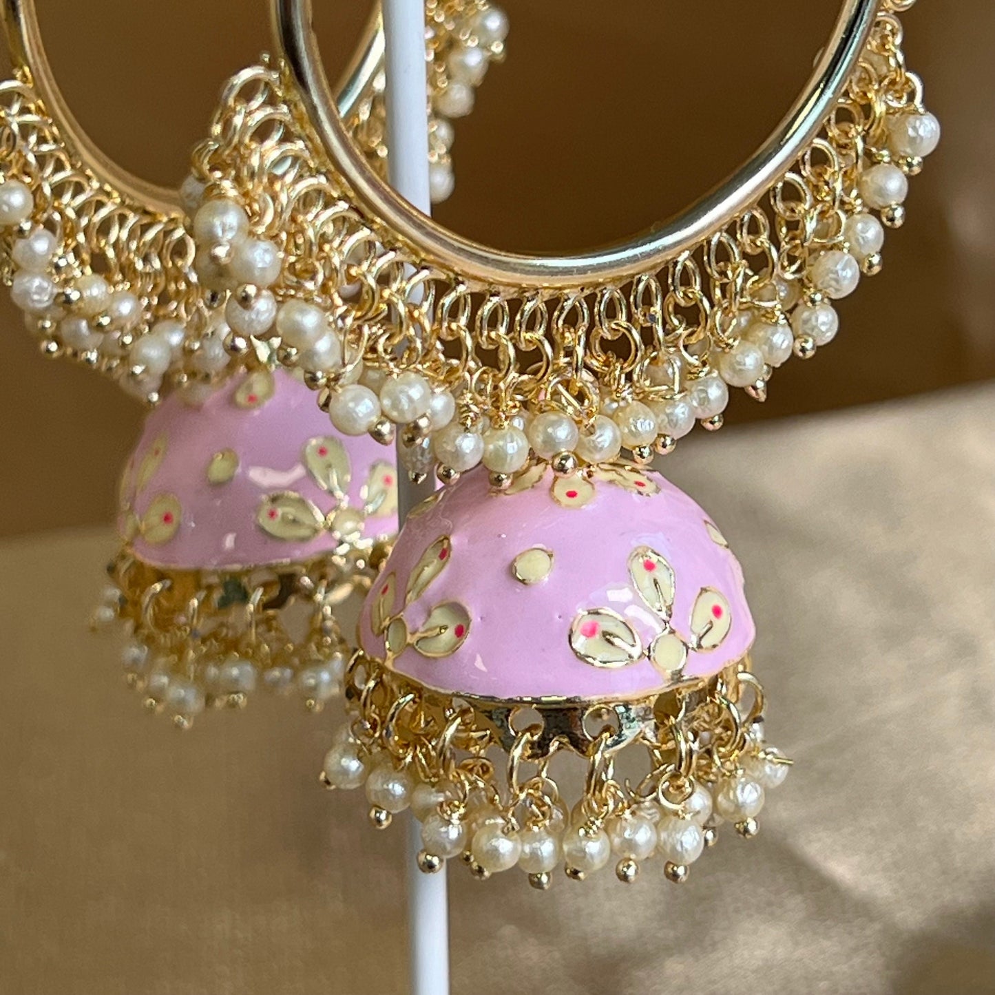 Meenakari/ Indian/ Pakistani Style/Pink-Hand Painted Jhumka Hoop Earrings