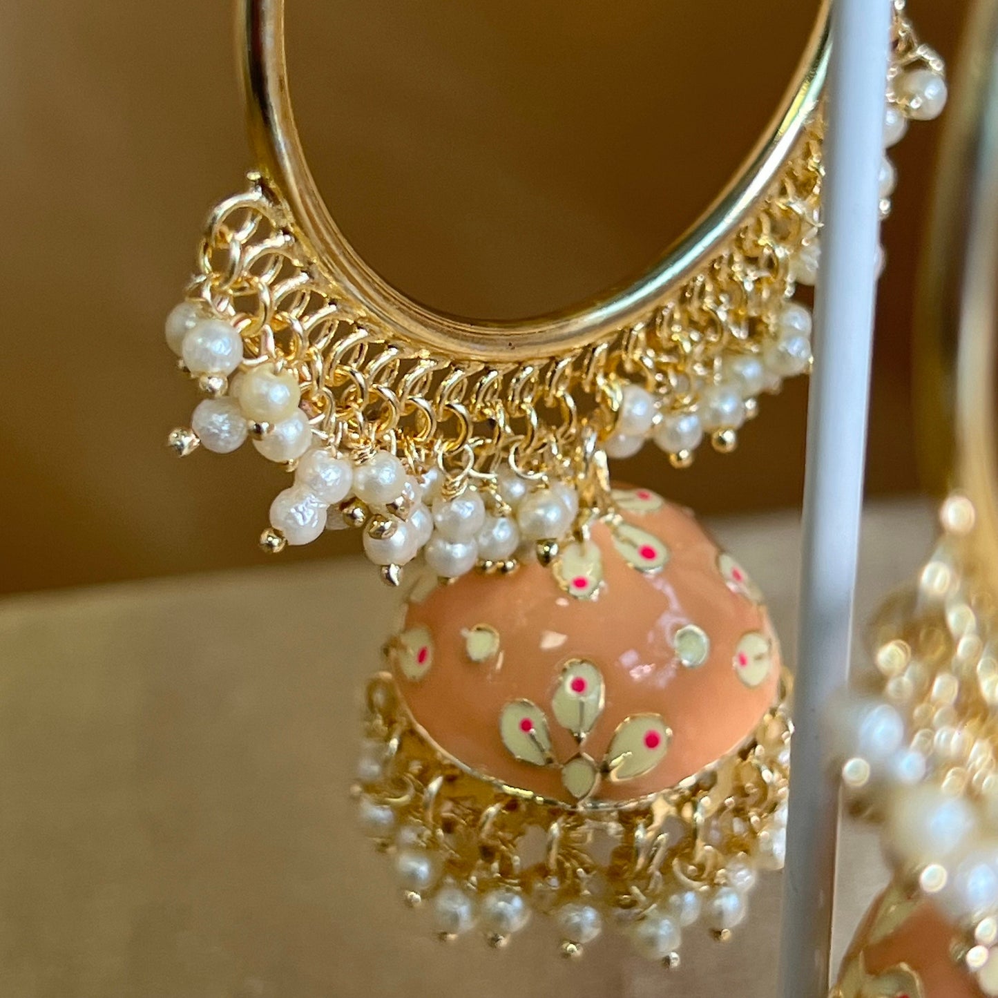 Meenakari/ Indian/ Pakistani Style/ Peach- Hand Painted Jhumka Hoop Earrings-