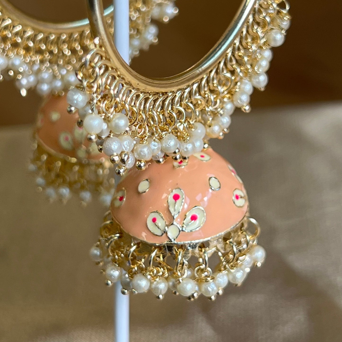 Meenakari/ Indian/ Pakistani Style/ Peach- Hand Painted Jhumka Hoop Earrings-