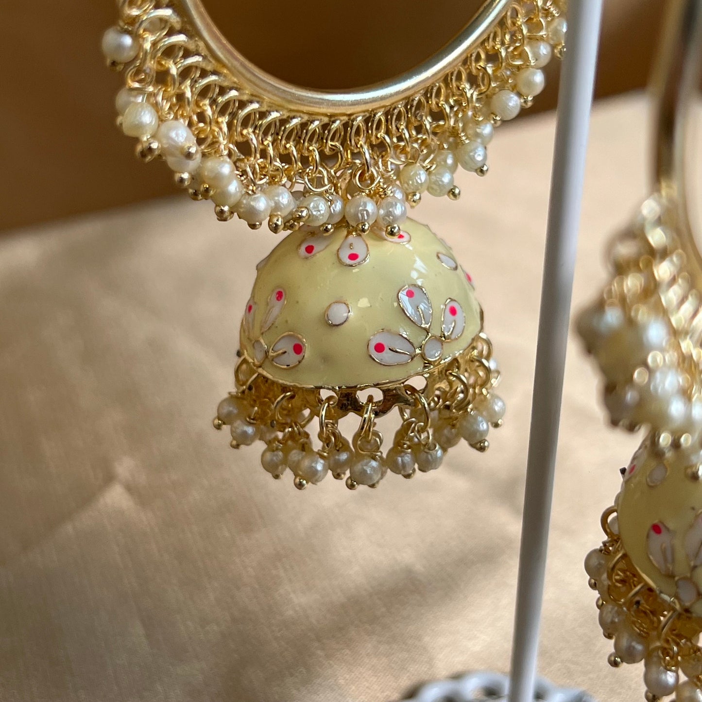 Cream - Hand Painted Jhumka Hoop Earrings/ Fashion Jewellery/ Gift for Women/Indian/Pakistani style