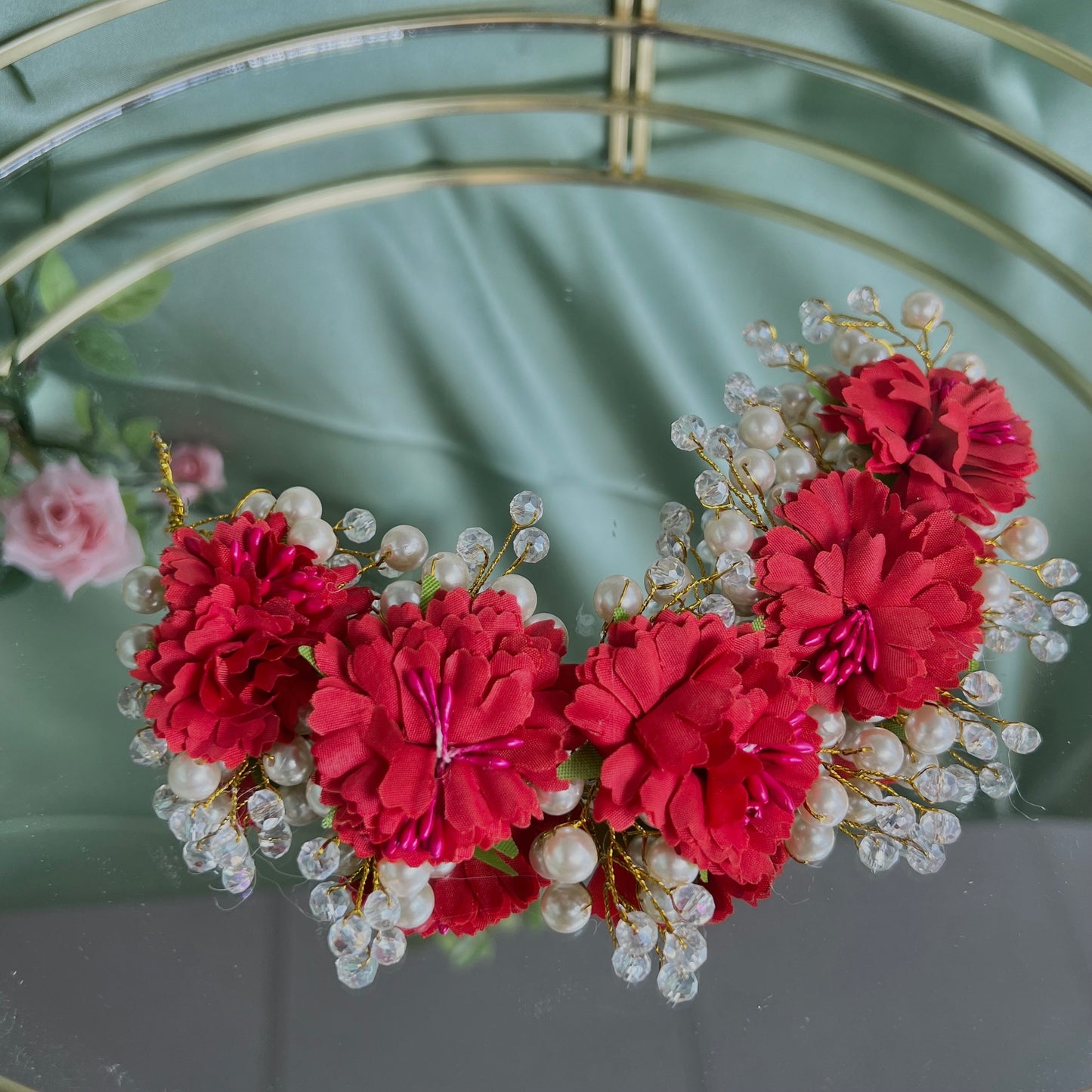 Ladies Floral Bun Gajra Artificial Flower Accessory - Crystal/Red/ Unique Style/ Indian/ Pakistani/Fashion Jewellery/ Gift for Women