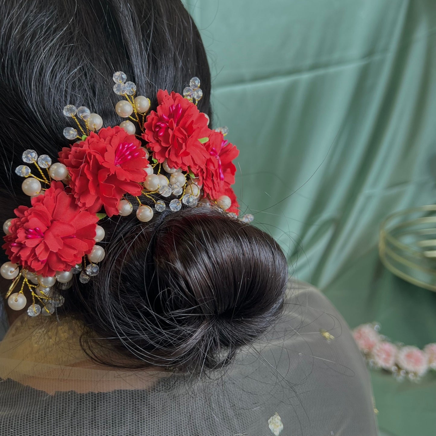 Ladies Floral Bun Gajra Artificial Flower Accessory - Crystal/Red/ Unique Style/ Indian/ Pakistani/Fashion Jewellery/ Gift for Women