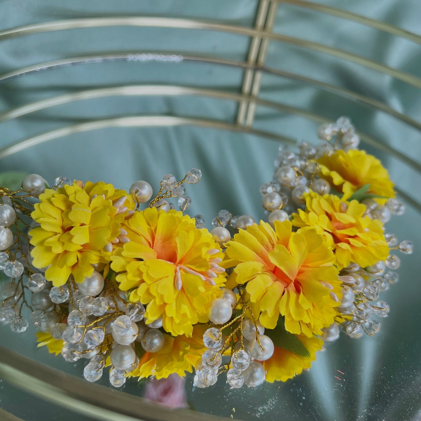 Ladies Floral Bun Gajra Artificial Flower Accessory - Pearl/Yellow/ Unique Style/ Indian/ Pakistani/Fashion Jewellery/ Gift for Women