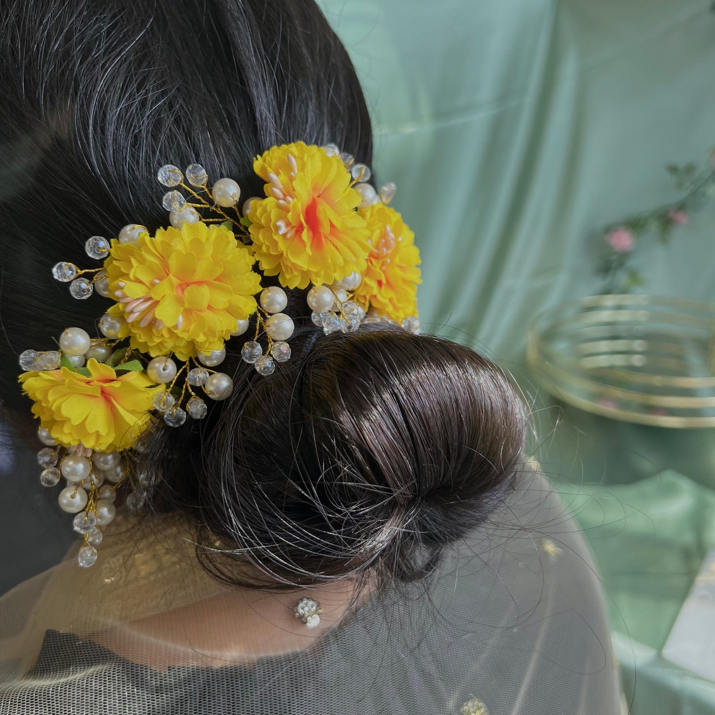 Ladies Floral Bun Gajra Artificial Flower Accessory - Pearl/Yellow/ Unique Style/ Indian/ Pakistani/Fashion Jewellery/ Gift for Women