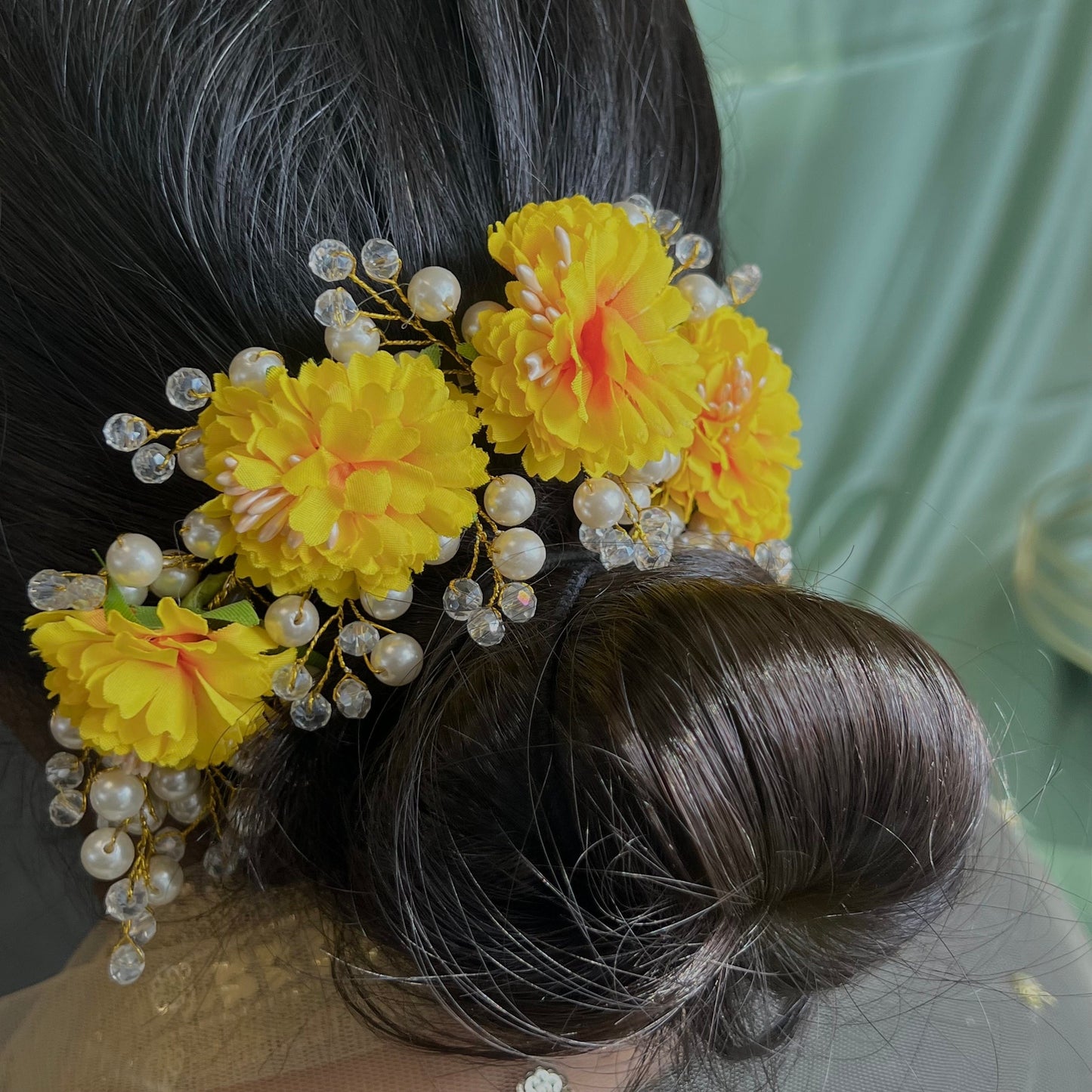 Ladies Floral Bun Gajra Artificial Flower Accessory - Pearl/Yellow/ Unique Style/ Indian/ Pakistani/Fashion Jewellery/ Gift for Women