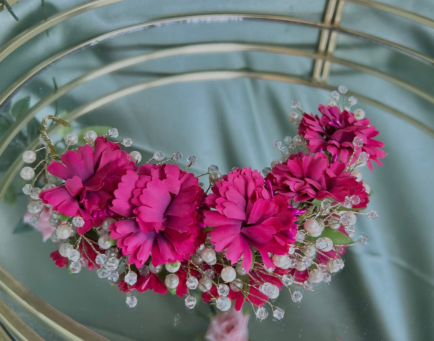 Ladies Floral Bun Gajra Artificial Flower Accessory - Crystal/Hot Pink/ Unique Style/ Indian/ Pakistani/Fashion Jewellery/ Gift for Women