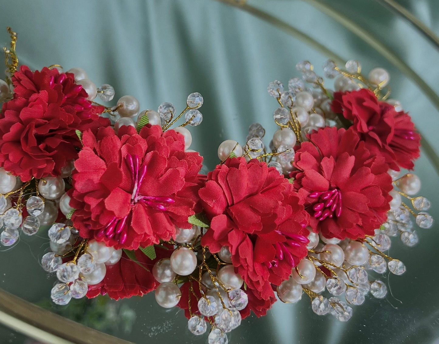 Ladies Floral Bun Gajra Artificial Flower Accessory - Crystal/Red/ Unique Style/ Indian/ Pakistani/Fashion Jewellery/ Gift for Women