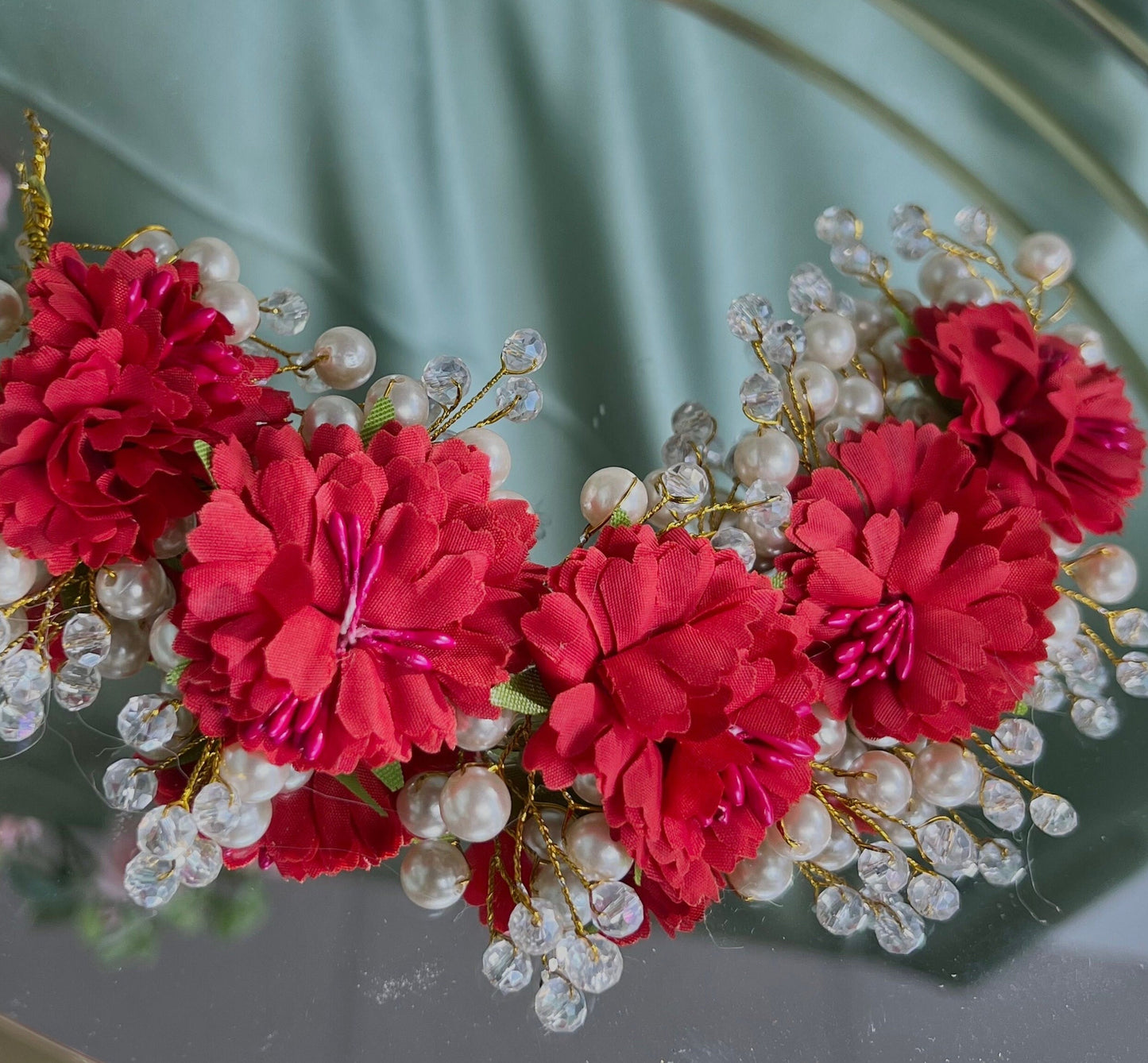 Ladies Floral Bun Gajra Artificial Flower Accessory - Crystal/Red/ Unique Style/ Indian/ Pakistani/Fashion Jewellery/ Gift for Women