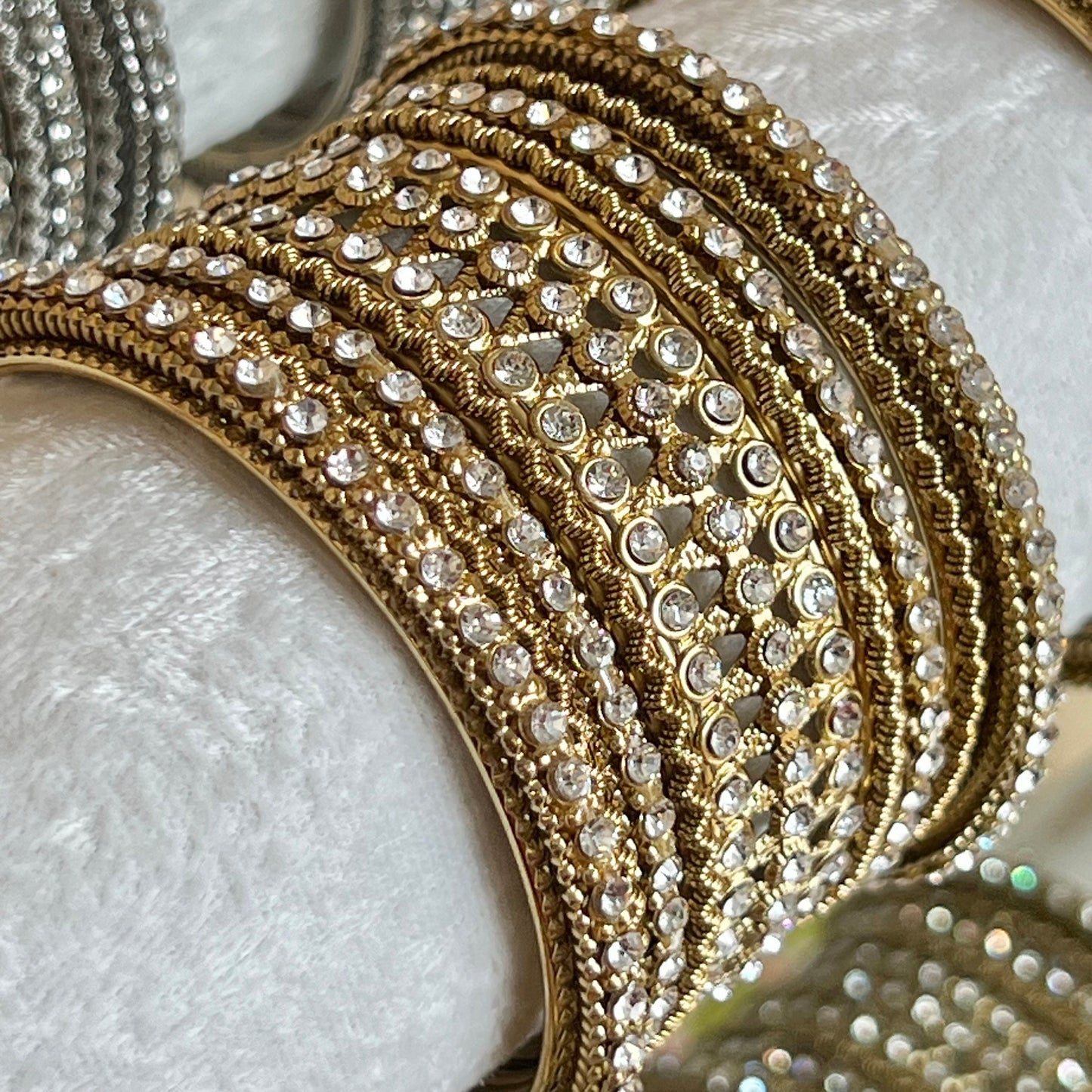 Clear Crystal Bangles for Both Arms - Antique Gold Base with Silver Rhinestone/Indian/ Pakistani/Jewelley/ Fashion Bracelet