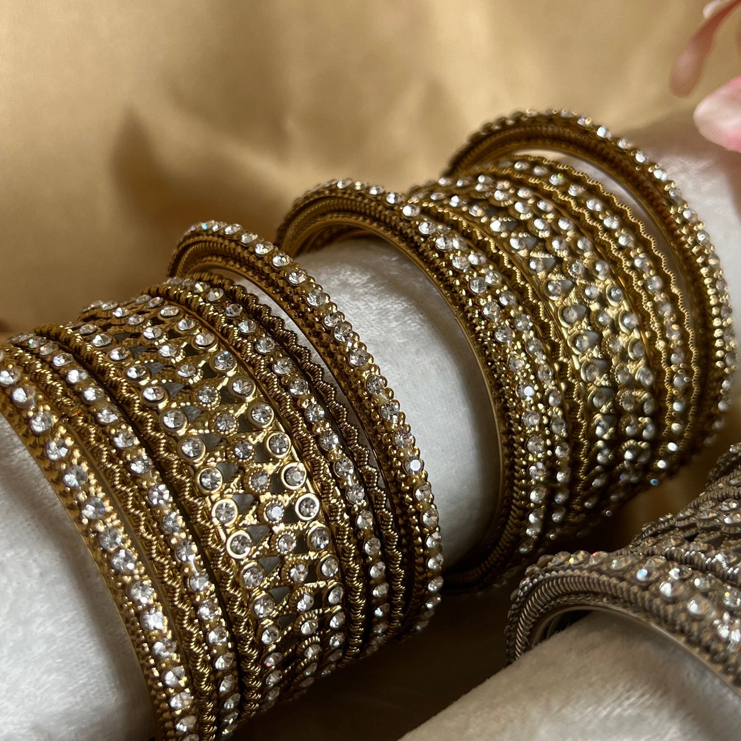 Clear Crystal Bangles for Both Arms - Antique Gold Base with Silver Rhinestone/Indian/ Pakistani/Jewelley/ Fashion Bracelet