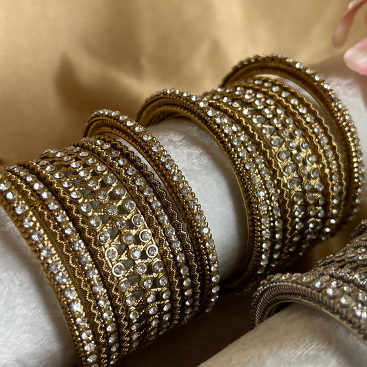 Clear Crystal Bangles for Both Arms - Antique Gold Base with Silver Rhinestone/Indian/ Pakistani/Jewelley/ Fashion Bracelet