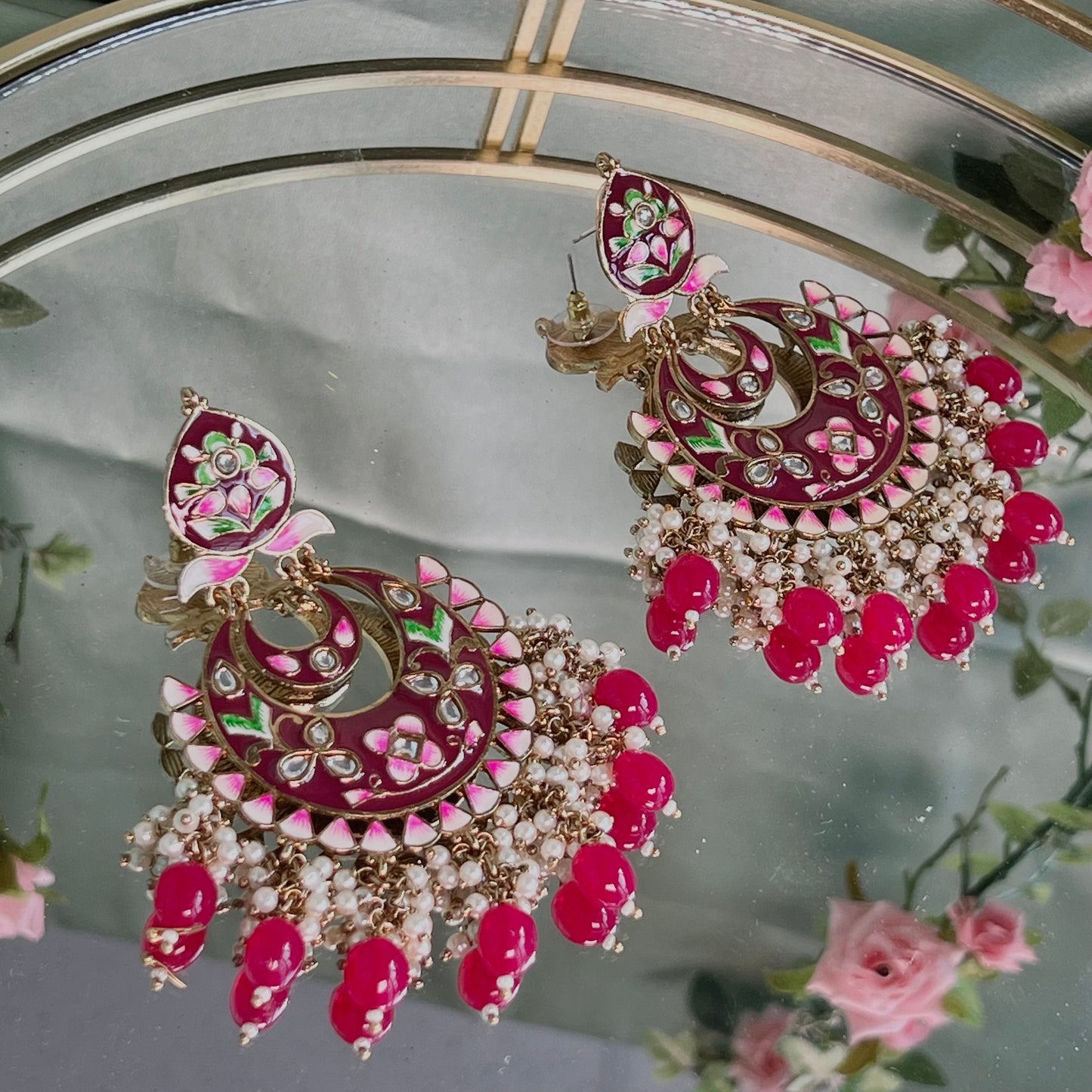 Large Ruby Hand Painted Earrings Indian Style Earring/ Pakistani Fashion/ Fashion Jewellery/ Gift for Women