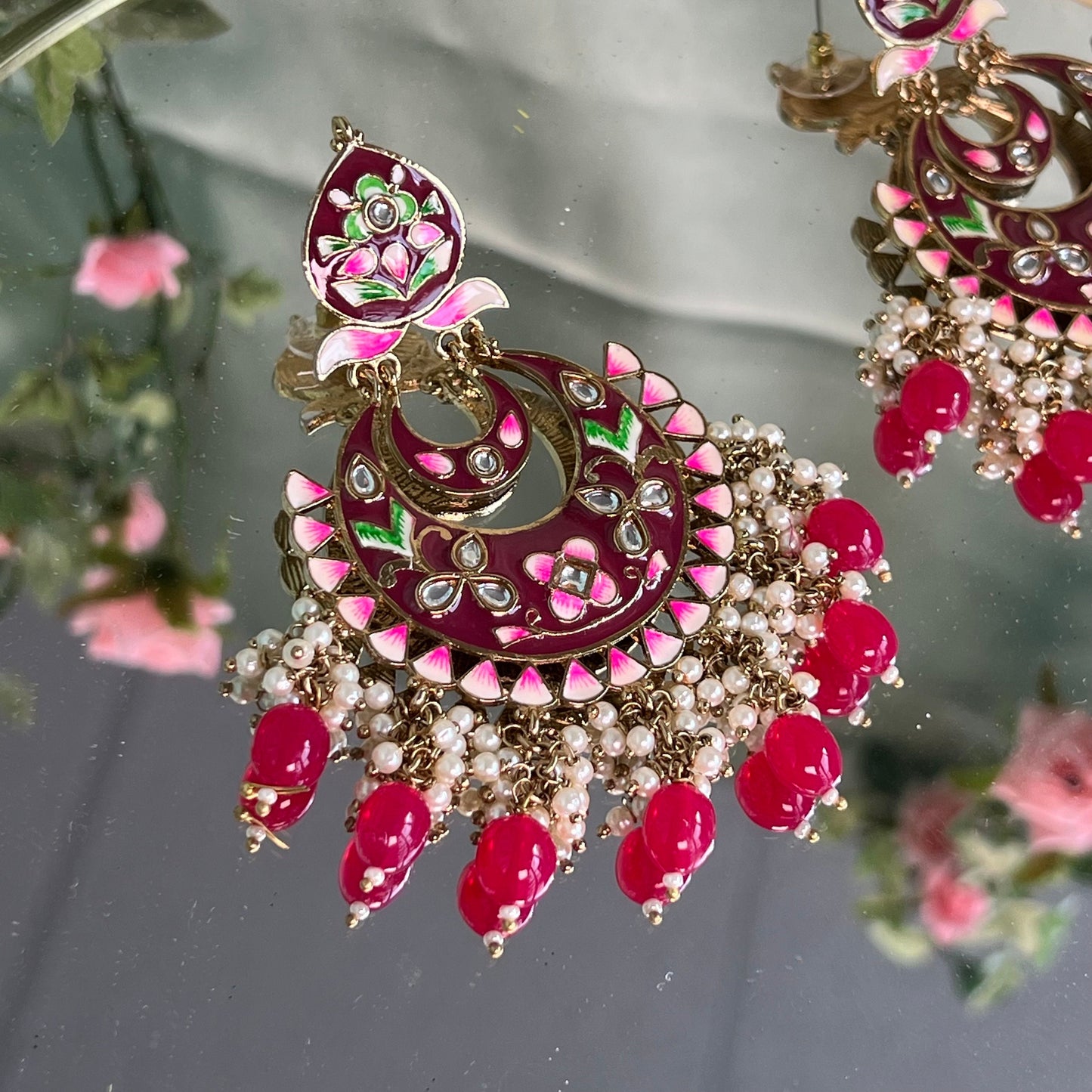 Large Ruby Hand Painted Earrings Indian Style Earring/ Pakistani Fashion/ Fashion Jewellery/ Gift for Women