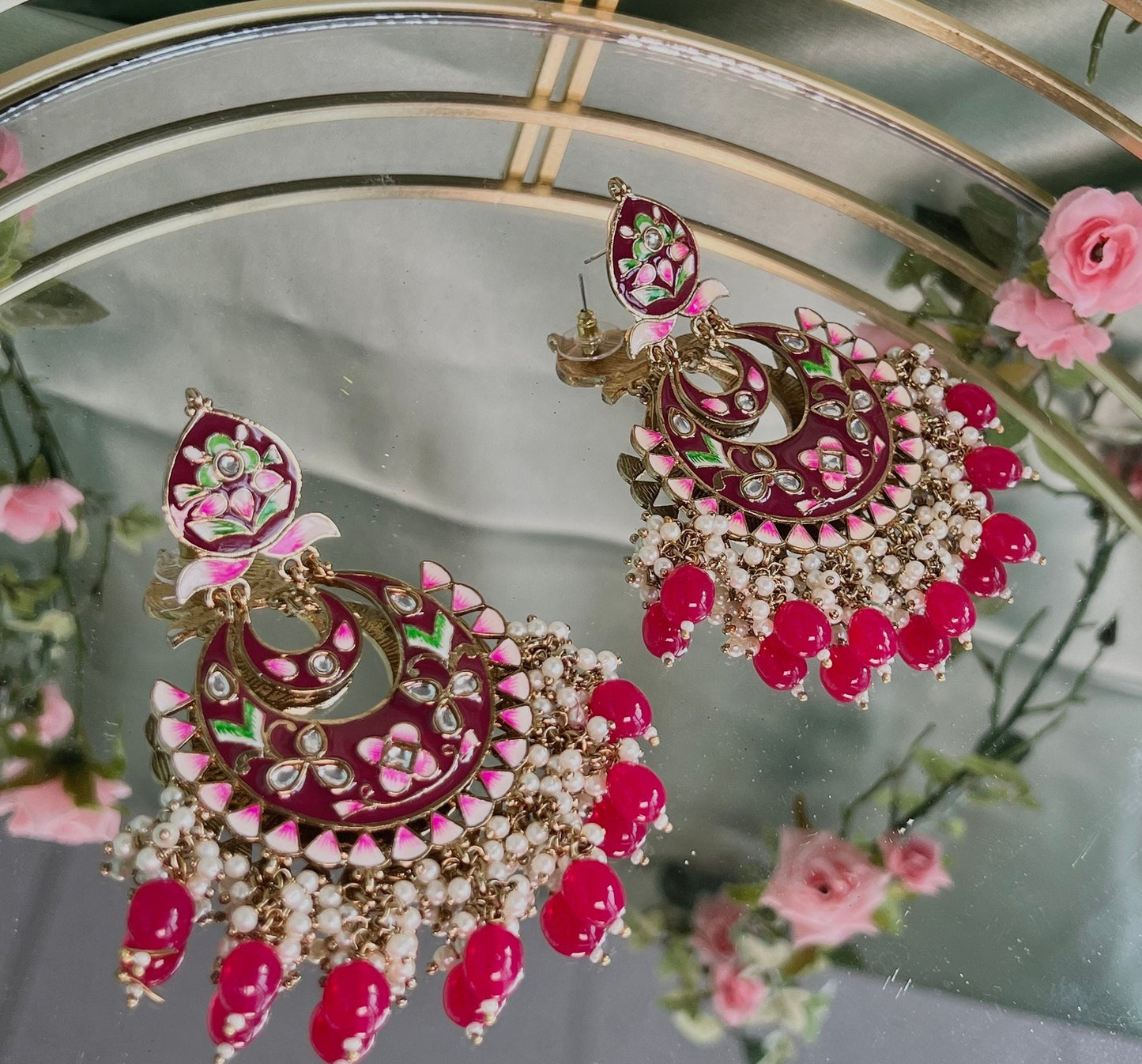 Large Ruby Hand Painted Earrings Indian Style Earring/ Pakistani Fashion/ Fashion Jewellery/ Gift for Women