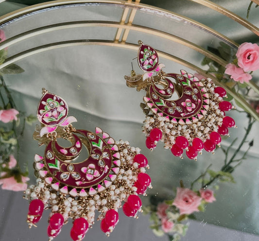 Large Ruby Hand Painted Earrings Indian Style Earring/ Pakistani Fashion/ Fashion Jewellery/ Gift for Women