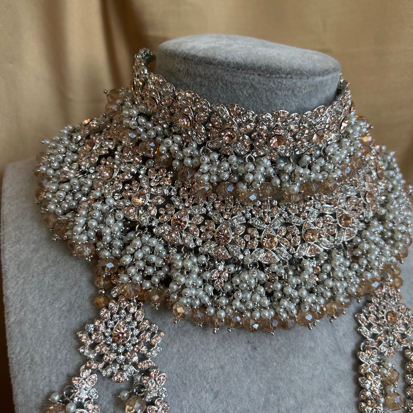 Full Bridal Set - Peach Indian/ Pakistani Style/Necklace, Choker, Earring, Tikka, Mala/ Haar/ Long necklace/ Hand harness/Wedding