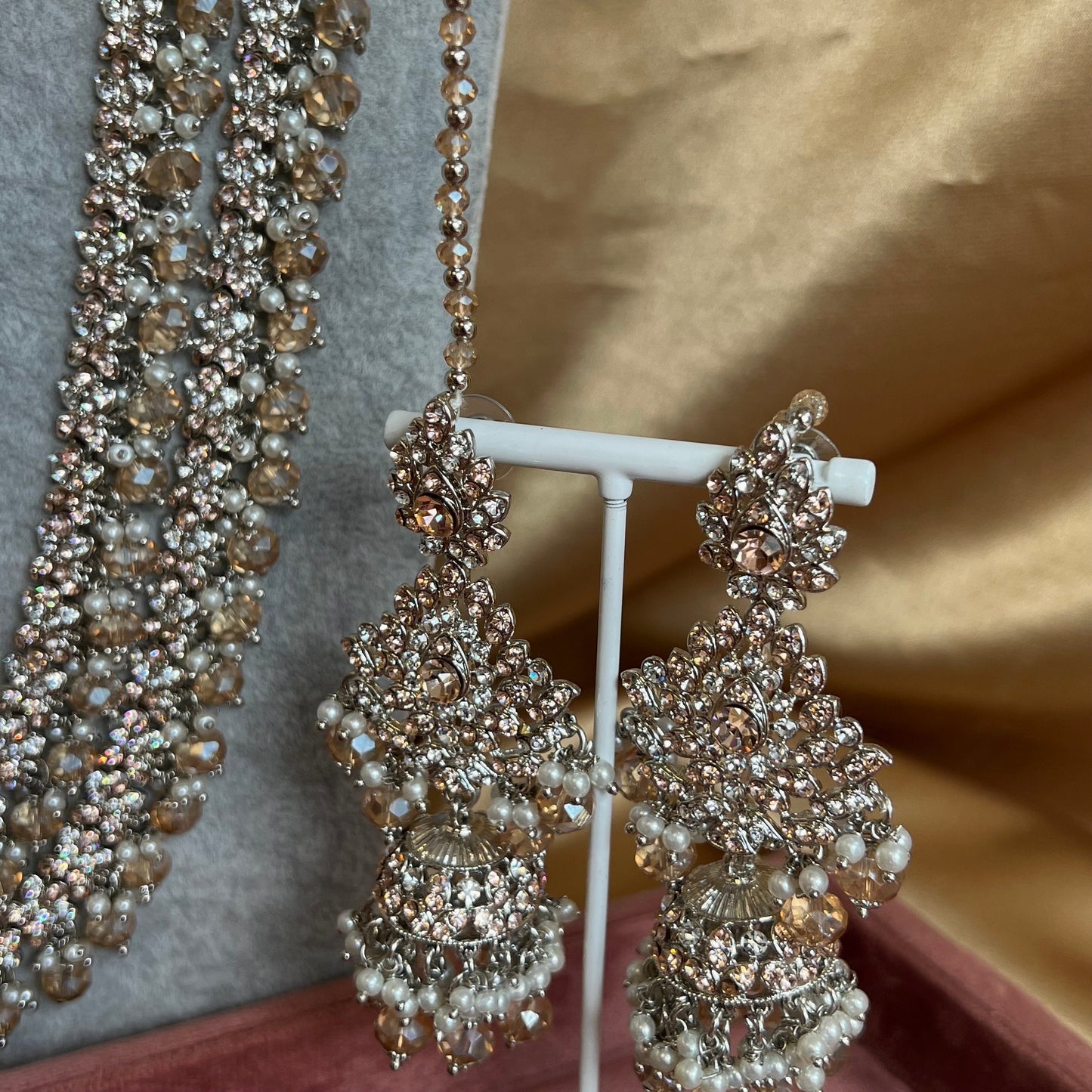 Full Bridal Set - Peach Indian/ Pakistani Style/Necklace, Choker, Earring, Tikka, Mala/ Haar/ Long necklace/ Hand harness/Wedding