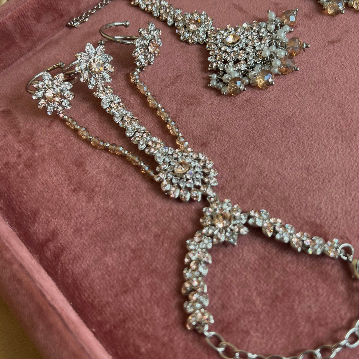 Hijab Bridal Set - Peach (Tikka, jhumar, hand harness and nose ring) Indian/ Pakistani Style