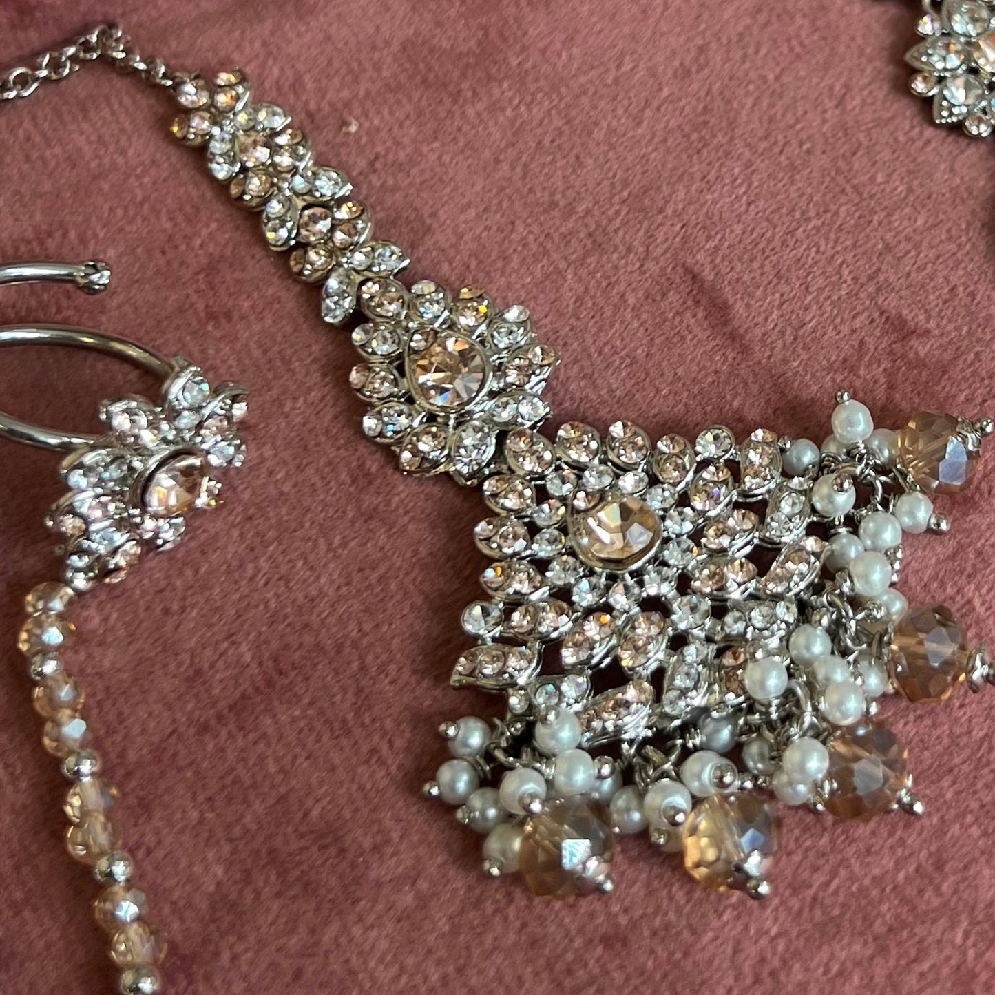 Hijab Bridal Set - Peach (Tikka, jhumar, hand harness and nose ring) Indian/ Pakistani Style