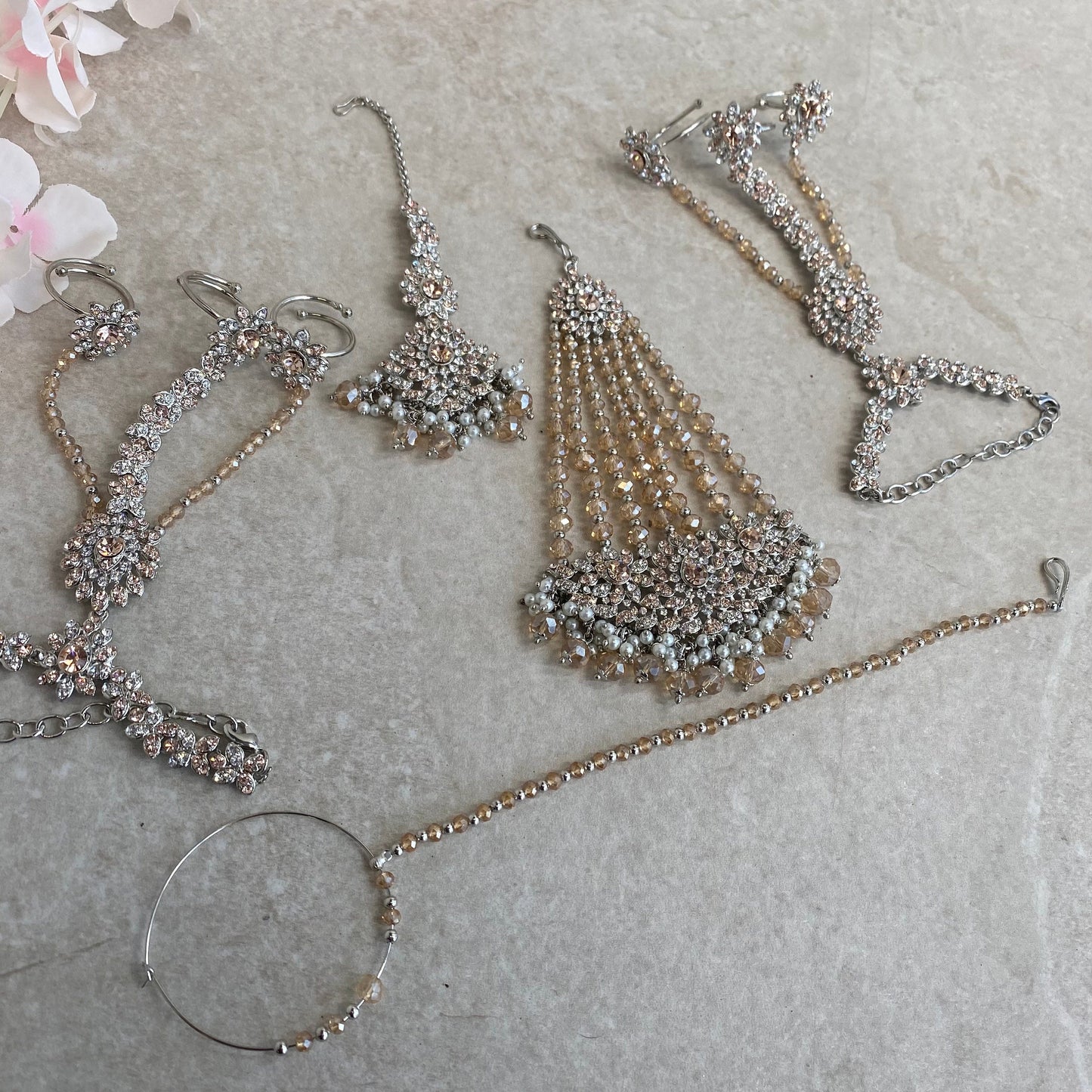 Hijab Bridal Set - Peach (Tikka, jhumar, hand harness and nose ring) Indian/ Pakistani Style