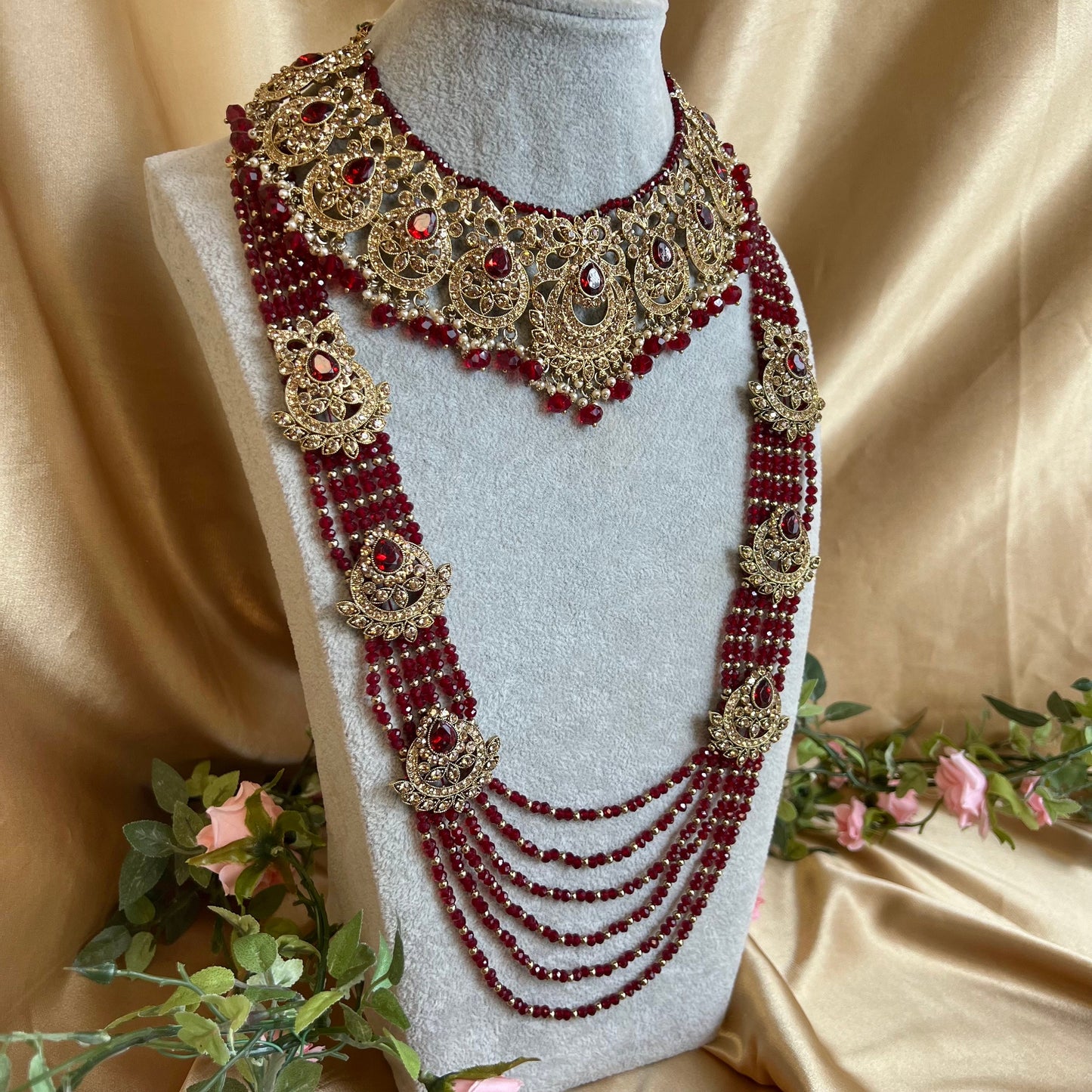 Maroon Necklace and Mala/ Indian/ Pakistani Style/Wedding/Bridal/Haar/Long Necklace/Gold