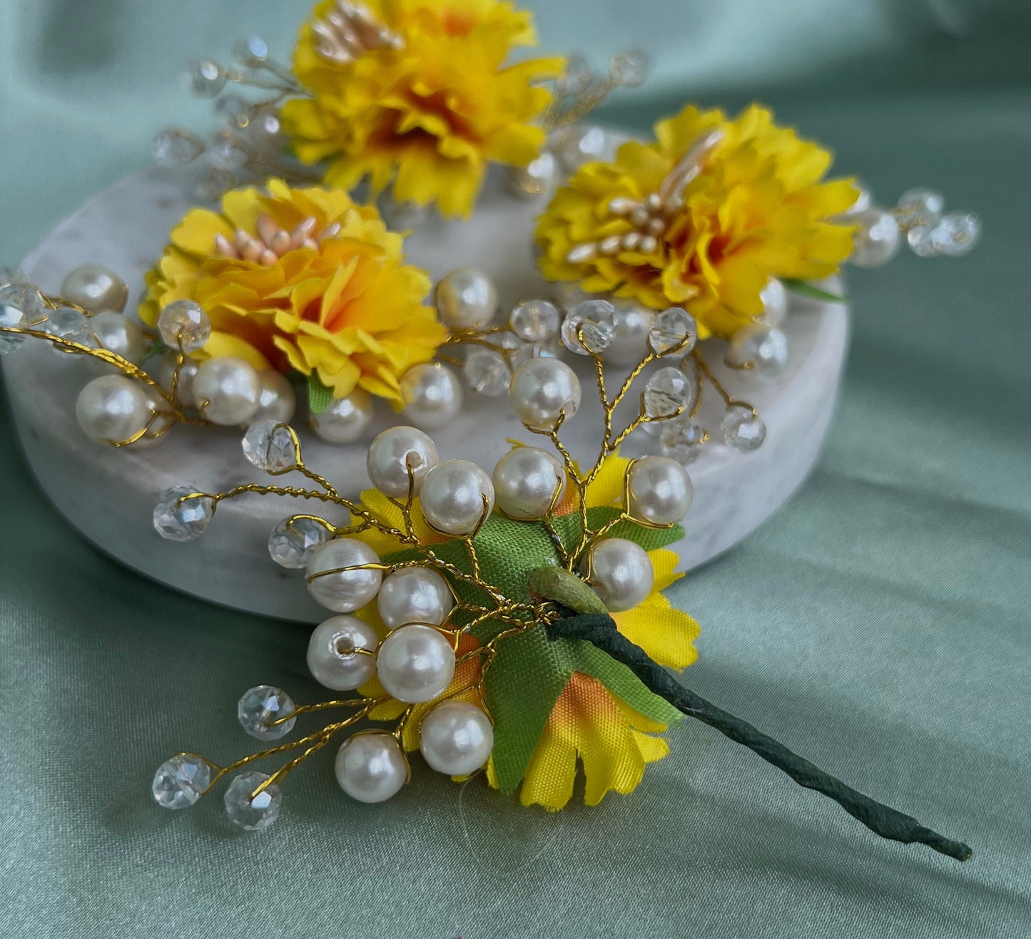 Hair Flower Accessory Pack of 4 - Yellow/ Unique Style/ Indian/ Pakistani/Fashion Jewellery/ Gift for Women