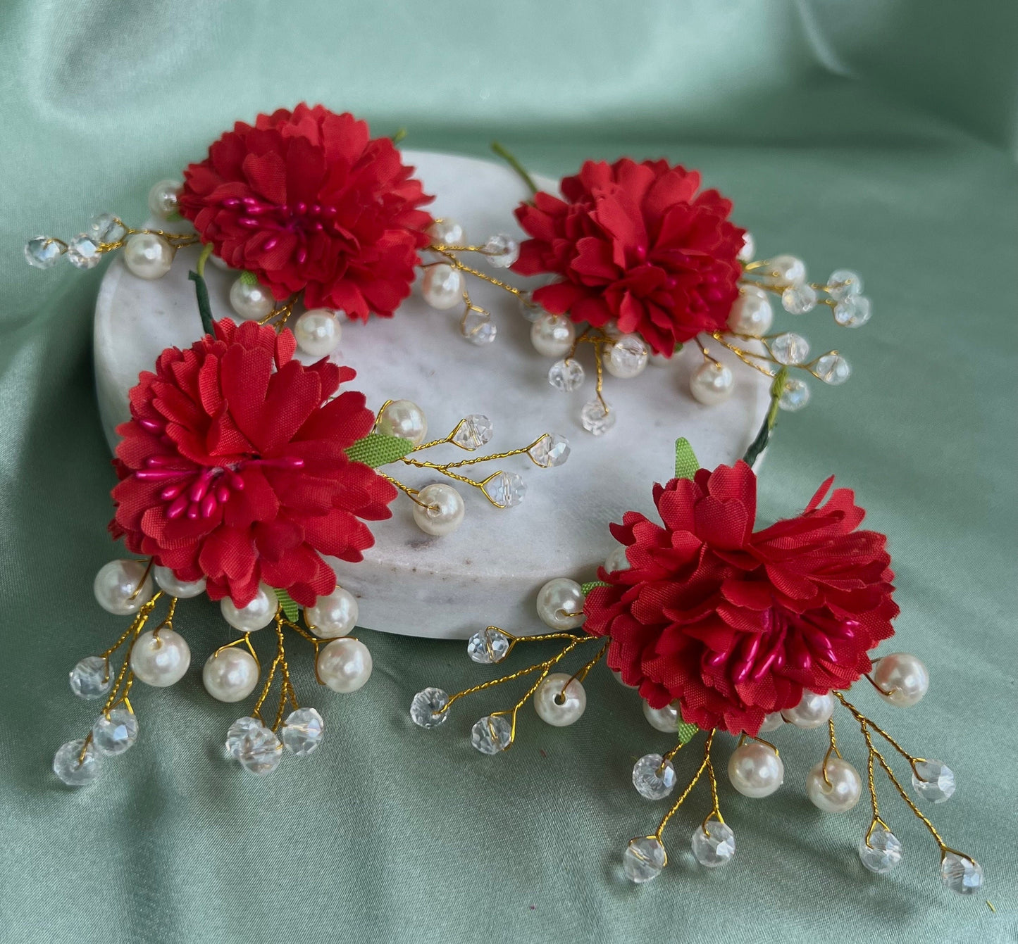 Hair Flower Hair Accessory Pack of 4 - Red/ Unique Style/ Indian/ Pakistani/Fashion Jewellery/ Gift for Women