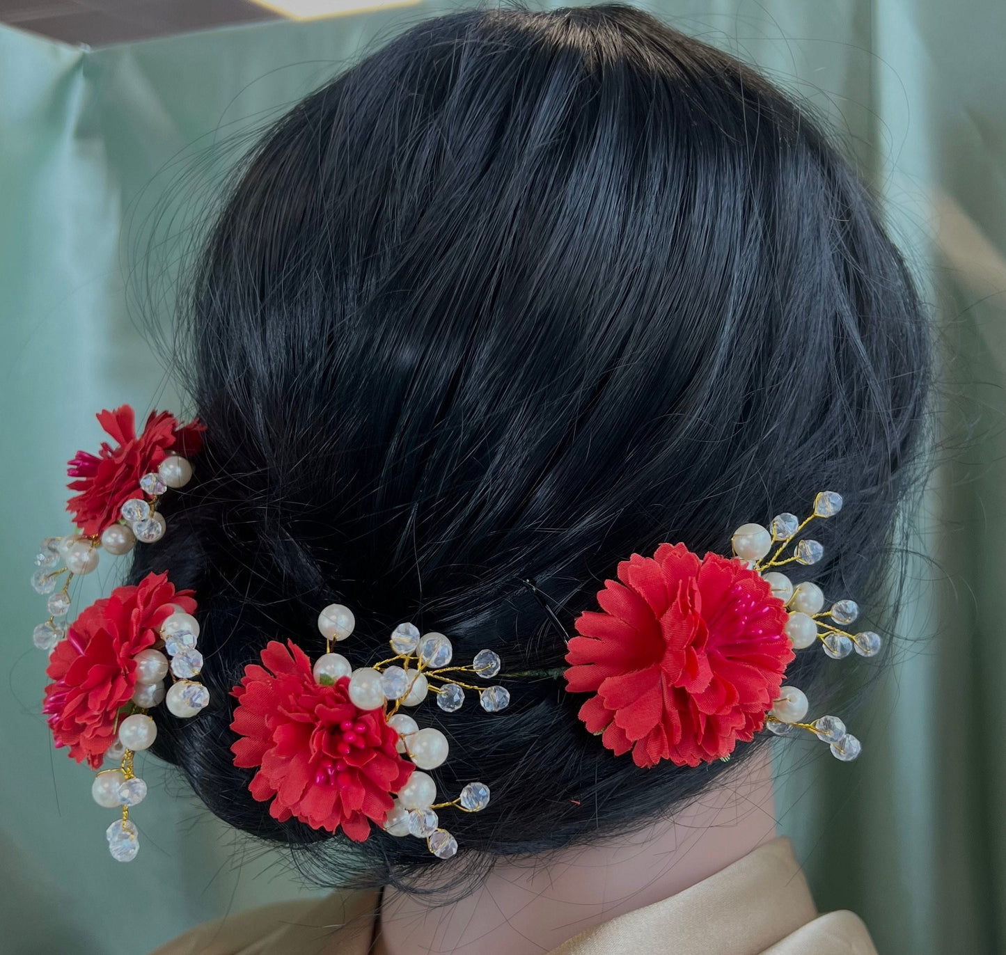 Hair Flower Hair Accessory Pack of 4 - Red/ Unique Style/ Indian/ Pakistani/Fashion Jewellery/ Gift for Women