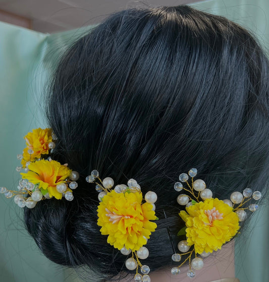 Hair Flower Accessory Pack of 4 - Yellow/ Unique Style/ Indian/ Pakistani/Fashion Jewellery/ Gift for Women