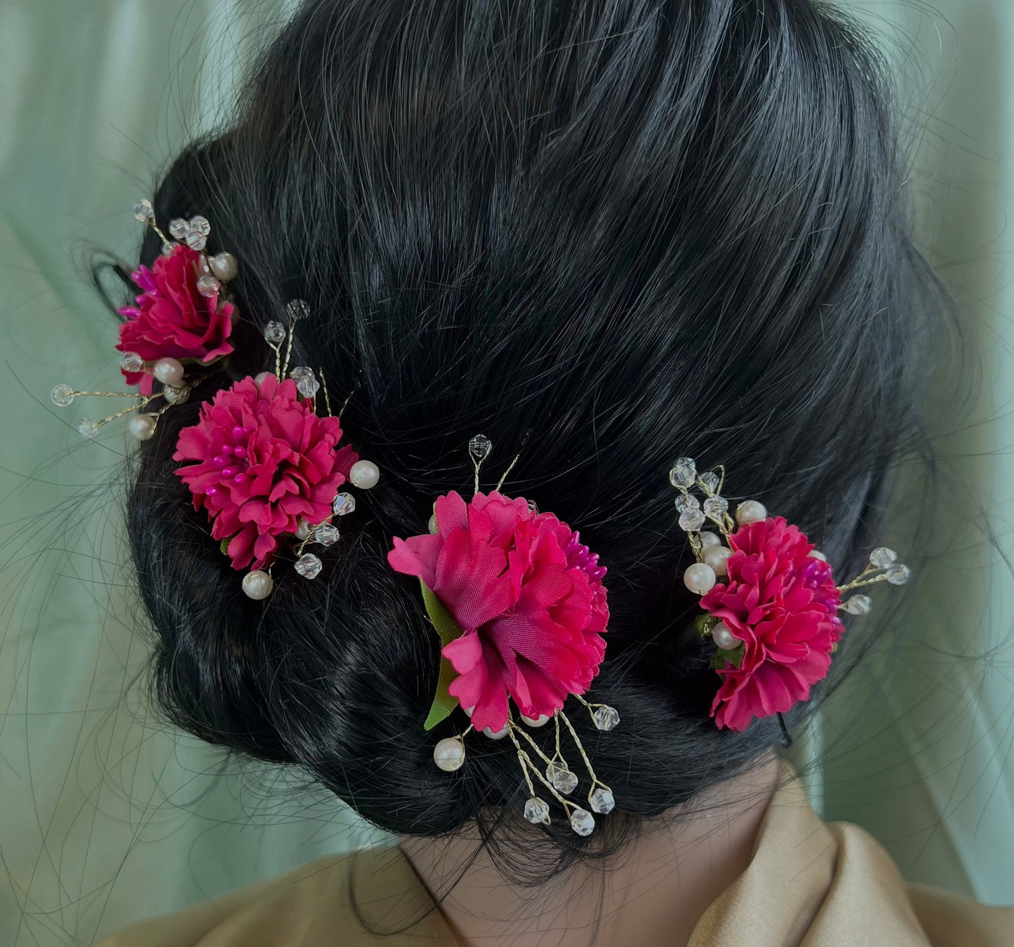 Indian Hot Pink Hair Flower Hair Accessory - Pack of 4/ Unique Style/ Indian/ Pakistani/Fashion Jewellery/ Gift for Women