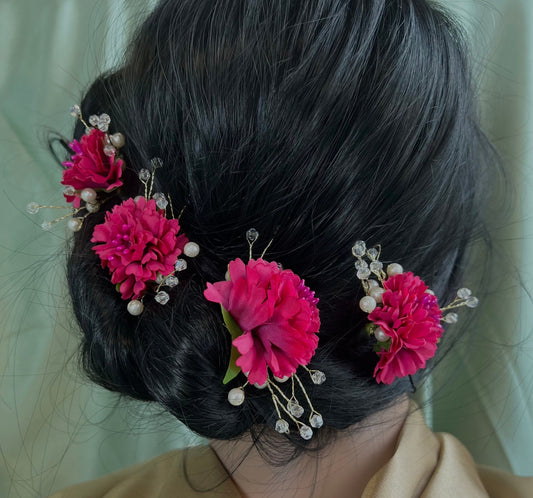 Indian Hot Pink Hair Flower Hair Accessory - Pack of 4/ Unique Style/ Indian/ Pakistani/Fashion Jewellery/ Gift for Women