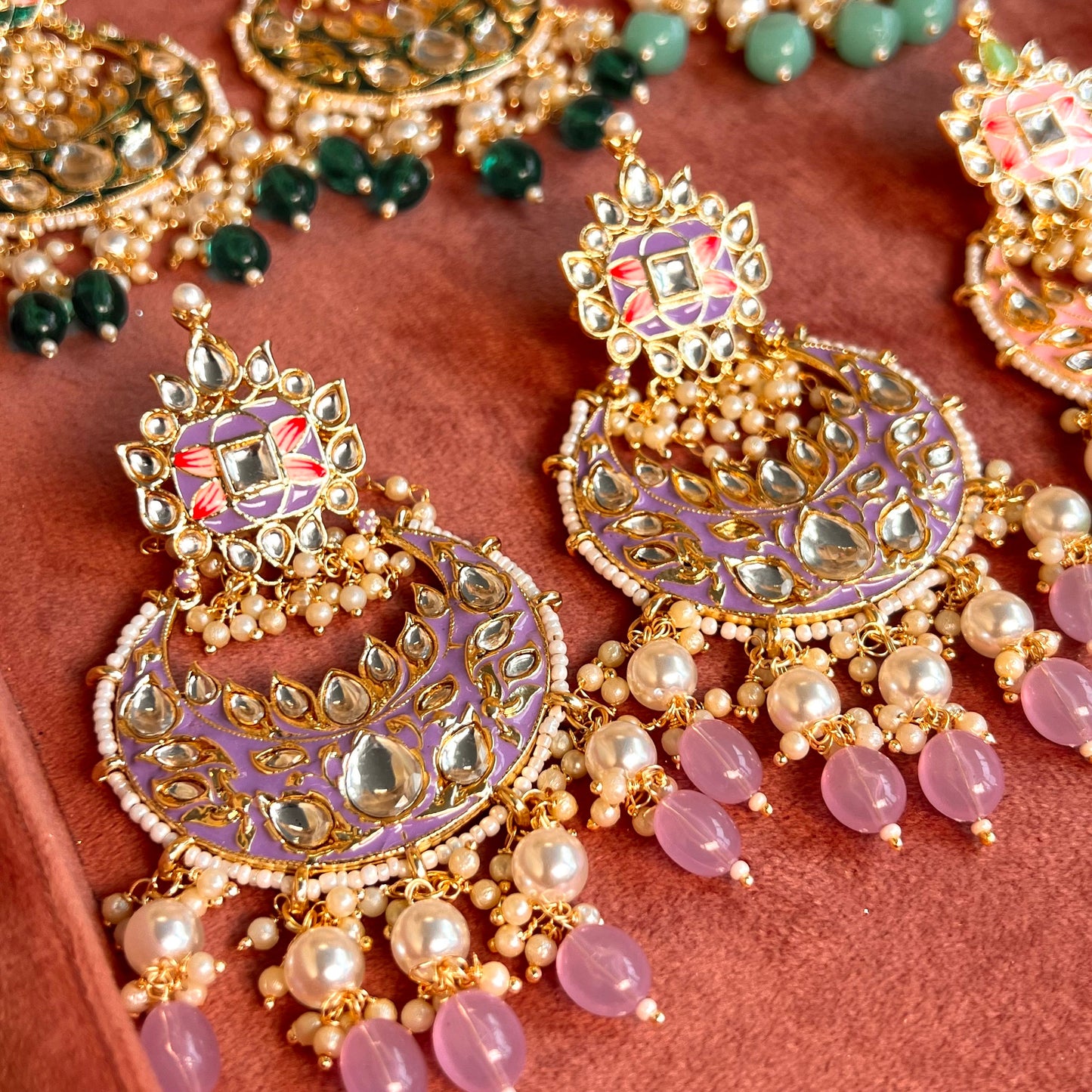 Meenakari/ Indian/ Pakistani Style/ Lilac- Hand Painted Kundan Earring Large/ Fashion Jewellery/ Gift for Women