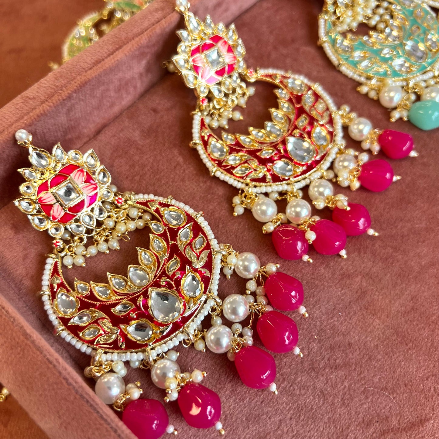 Meenakari/ Indian/ Pakistani Style/Hot Pink- Hand Painted Kundan Earring Large/ Fashion Jewellery/ Gift for Women