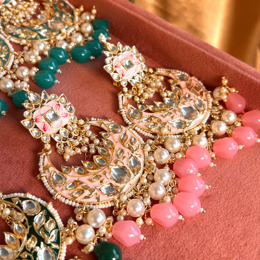 Meenakari/ Indian/ Pakistani Style/ Pink- Hand Painted Kundan Earring Large/ Fashion Jewellery/ Gift for Women