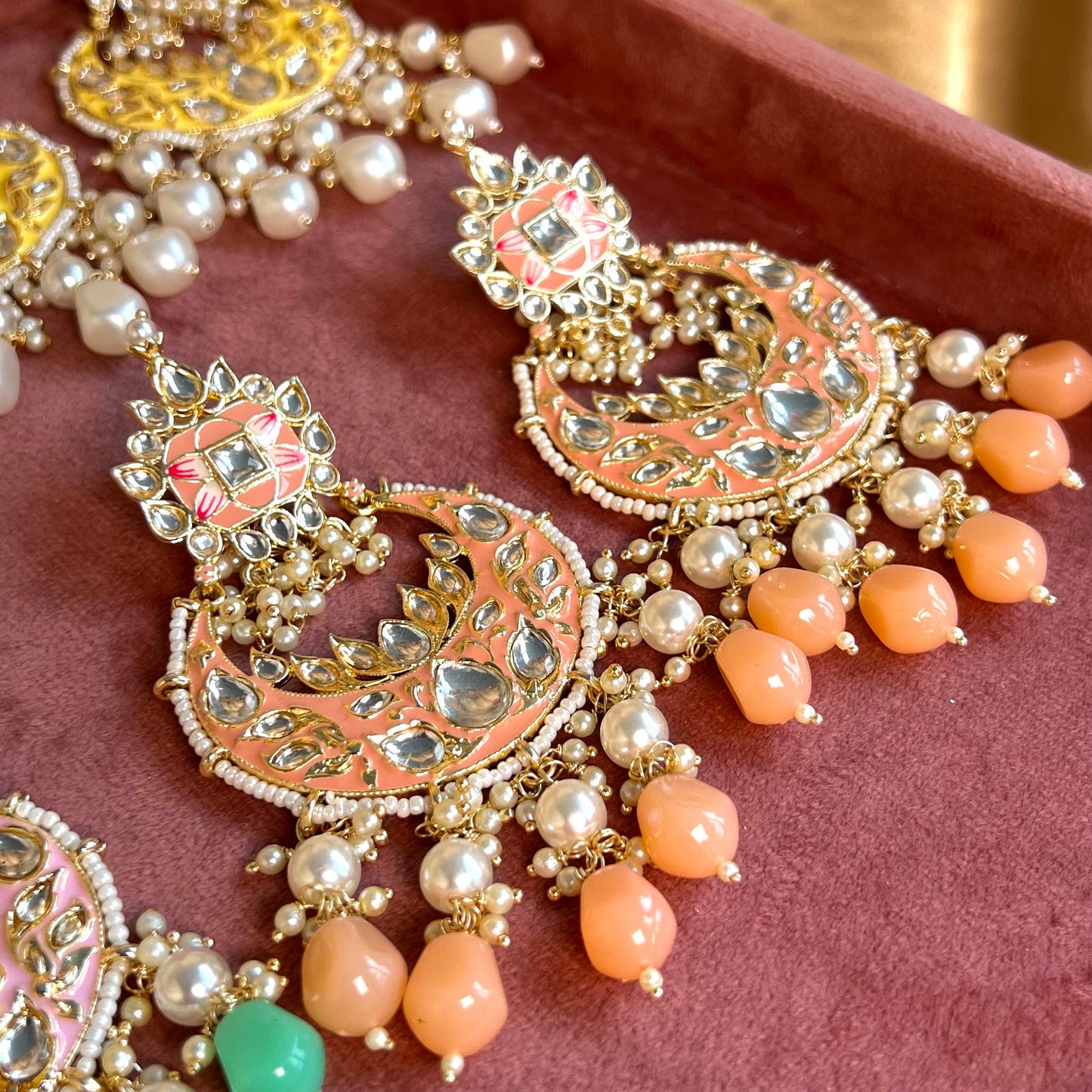 Meenakari/ Indian/ Pakistani Style/ Peach- Hand Painted Kundan Earring Large/ Fashion Jewellery/ Gift for Women