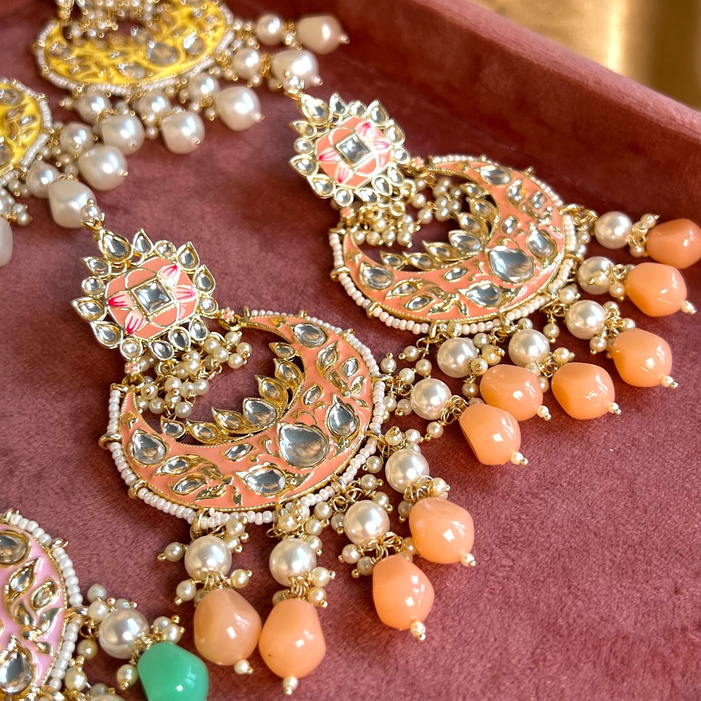 Meenakari/ Indian/ Pakistani Style/ Peach- Hand Painted Kundan Earring Large/ Fashion Jewellery/ Gift for Women