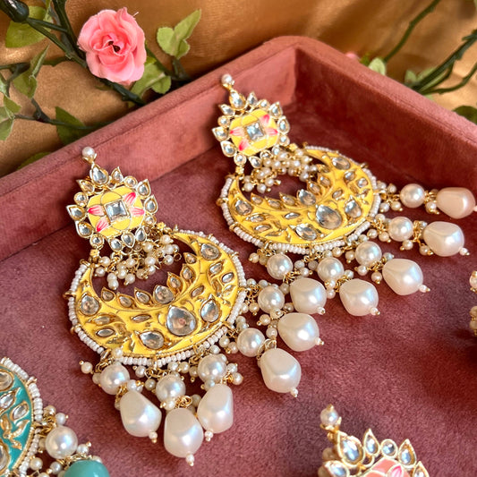 Meenakari/ Yellow/ Pearl- Hand Painted Kundan Earring Large/ Fashion Jewellery/ Gift for Women