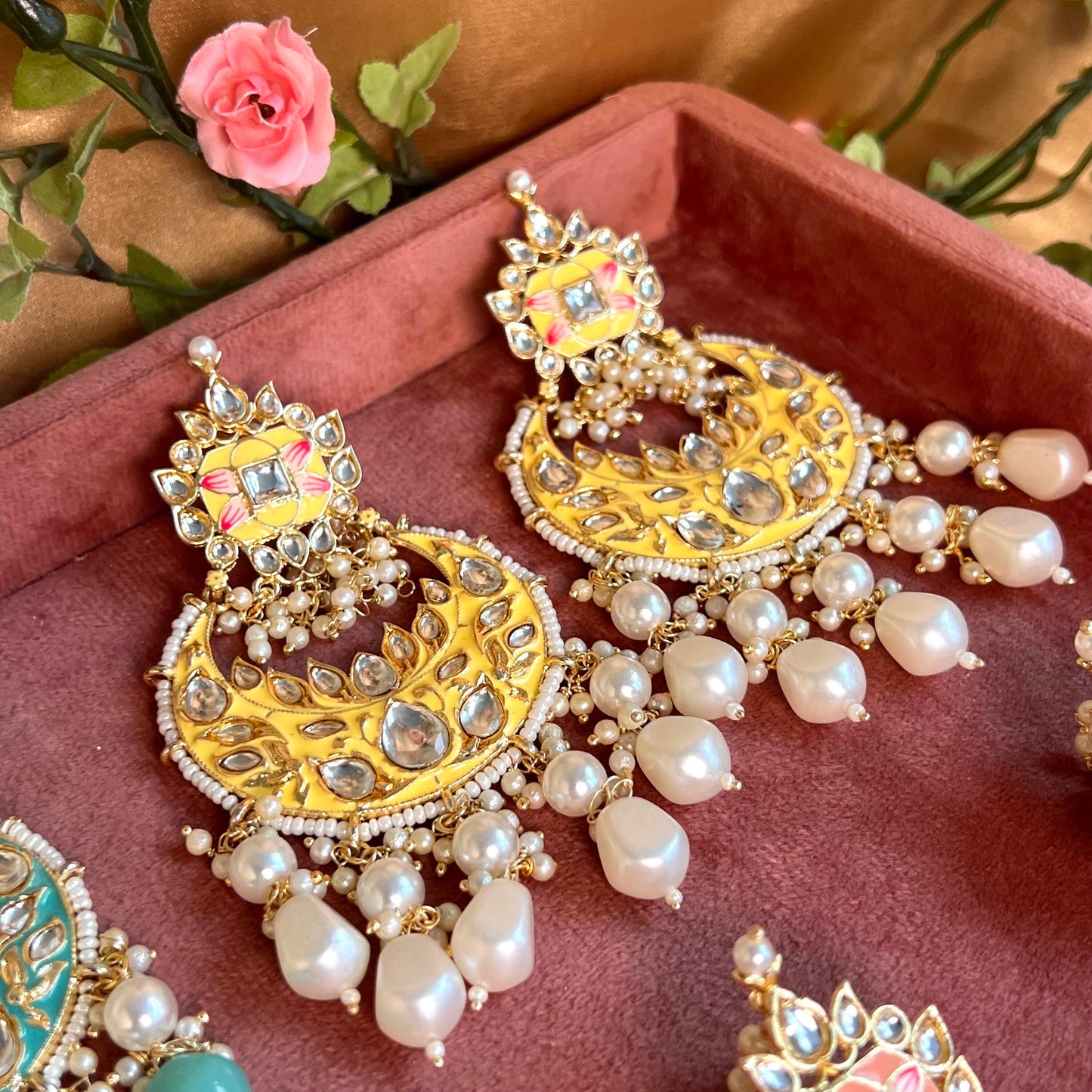 Meenakari/ Yellow/ Pearl- Hand Painted Kundan Earring Large/ Fashion Jewellery/ Gift for Women