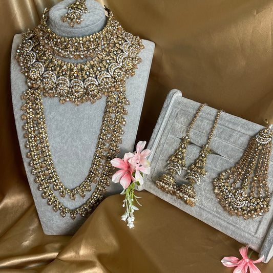 Antique Gold and Champagne Bridal Set Indian/ Pakistani Style/Necklace/ Choker/ Earring/ Tikka/ Mathapatti/Mala/Jhumar