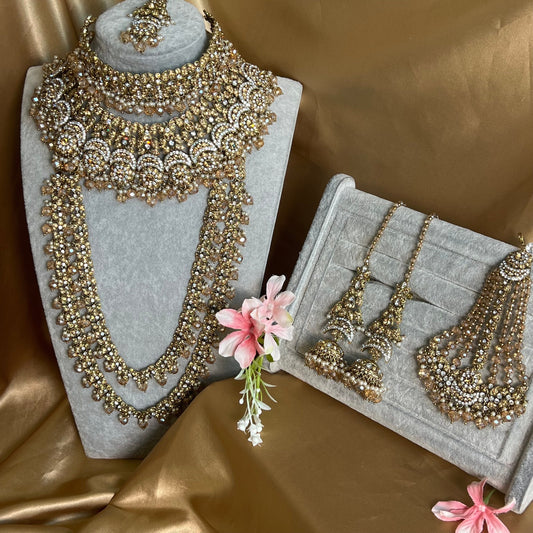 Antique Gold and Champagne Bridal Set Indian/ Pakistani Style/Necklace/ Choker/ Earring/ Tikka/ Mathapatti/Mala/Jhumar
