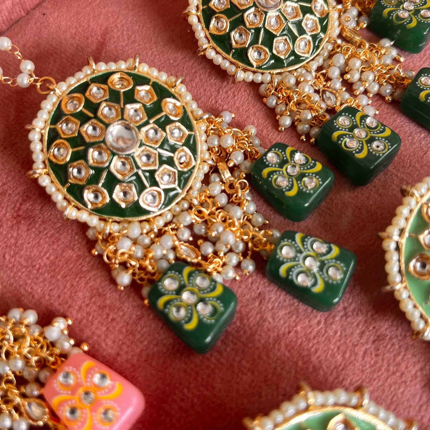 Green- Dice Design Faux Kundan Earring Indian Style Earring/ Pakistani Fashion/Party Earring. Gift for women